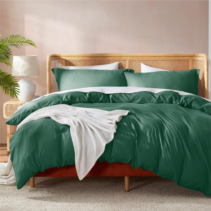 Nestl Dark Green Duvet Cover Queen Size - Soft Double Brushed Queen Duvet Cover Set, 3 Piece, with Button Closure, 1 Duvet Cover 90x90 inches and 2 Pillow Shams - Image 1